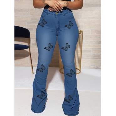 

Lovely Street Butterfly Print Flared Blue Jeans