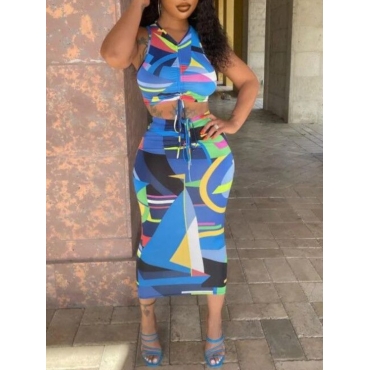 

Lovely Casual Patchwork Drawstring Blue Two Piece Skirt Set