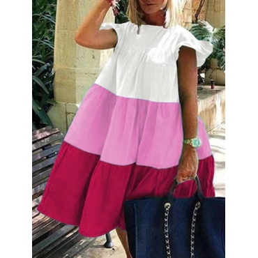 

Lovely Plus Size Casual Flounce Design Patchwork Rose Red Knee Length Dress