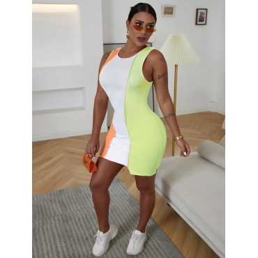 

LW Casual Round Neck Patchwork Orange Mini Dress