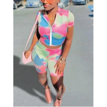 

LW Street Tie-dye Zipper Design Pink Two Piece Shorts Set