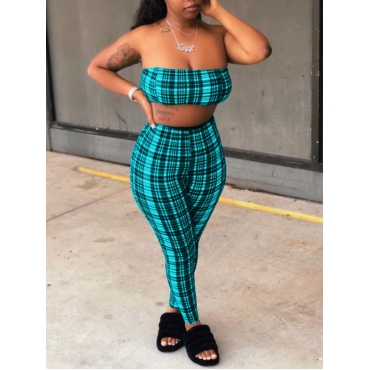

LW SXY Off The Shoulder Plaid Print Cyan Two Piece Pants Set