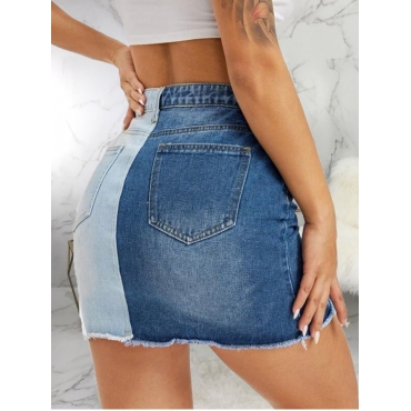 

Lovely Casual Color-lump Ripped Blue Mini Denim Skirt
