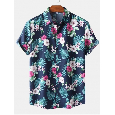 

Lovely Men Boho Floral Print Patchwork Deep Blue Shirt