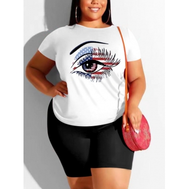 

Lovely Plus Size Casual American Flag Eye Print White Two Piece Shorts Set