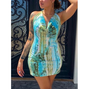 

Lovely Casual Cowl Neck Print Baby Blue Mini Dress