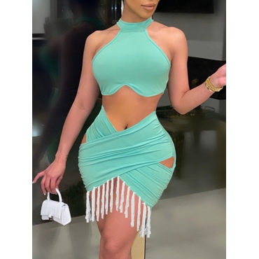 

Lovely Sexy Cross-over Tassel Design Green Two Piece Skirt Set