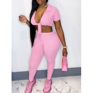 

LW Street Rib-Knit Bandage Design Pink Two Piece Pants Set