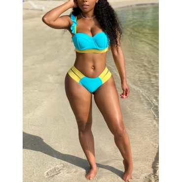 

Lovely Boho Color-lump Flounce Design Blue Two-piece Swimsuit