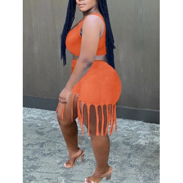 

Lovely Plus Size Street U Neck Tassel Design Croci Two Piece Shorts Set