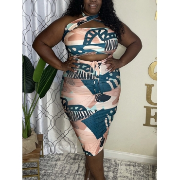 

Lovely Plus Size Casual Print Bandage Design Blue Two-piece Skirt Set