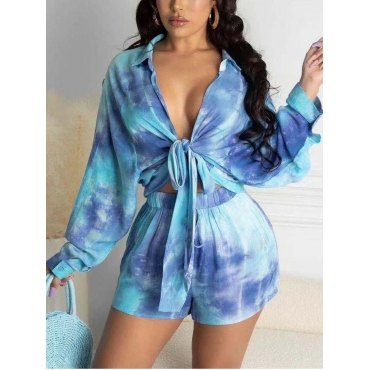 

LW Casual Tie-dye Bandage Design Blue Two Piece Shorts Set