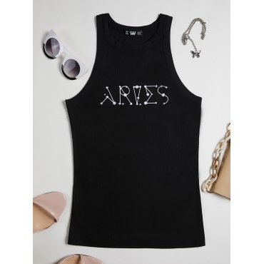

LW Aries Casual Round Neck Letter Print Black Camisole
