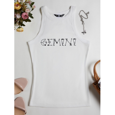 

LW Gemini Casual Round Neck Letter Print White Camisole