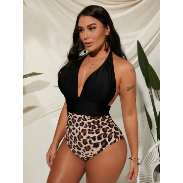 

Lovely Boho Leopard Print Backless Black One-piece Swimsuit