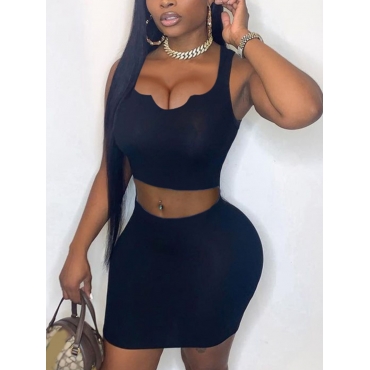 

LW Street U Neck Basic Skinny Black Two Piece Skirt Set
