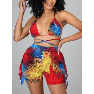 

Lovely Boho Mixed Print Bandage Design Red Two-piece Swimsuit