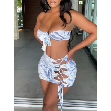 

Lovely Sexy Print Bandage Hollow-out Design Blue Two Piece Skirt Set