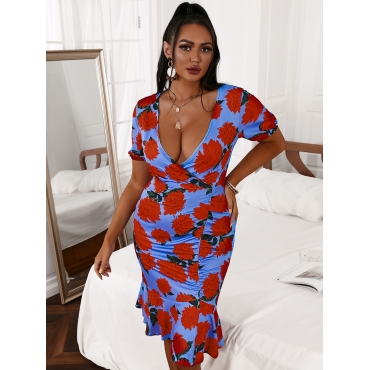 

LW Boho Floral Print Flounce Design Blue Knee Length Dress