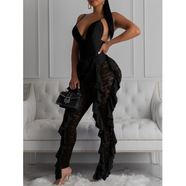 

LW SXY See-through Flounce Design Black One-piece Jumpsuit