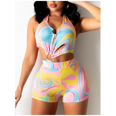 

Lovely Street Backless Metal Ring Decoration Blue One-piece Romper
