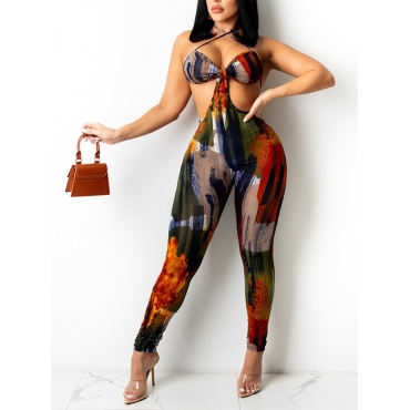 

LW SXY Tie-dye Backless Brown One-piece Jumpsuit