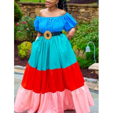 

Lovely Boho Color-lump Fold Design Multicolor Floor Length Dress (Without Belt), Multi
