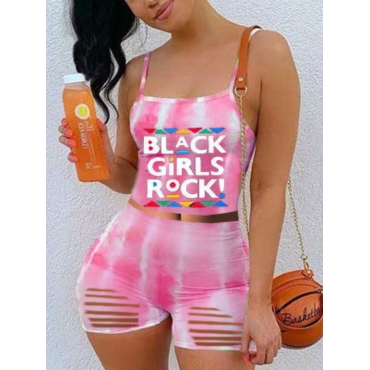 

Lovely Street Tie-dye Letter Print Ripped Pink Two Piece Shorts Set