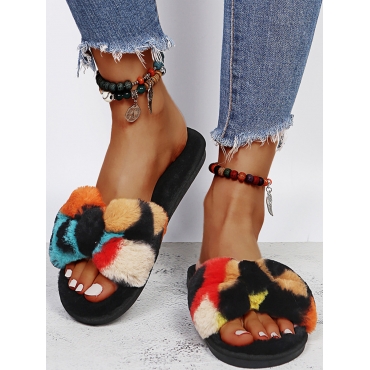 

Lovely Casual Fluffy Patchwork Black Slippers