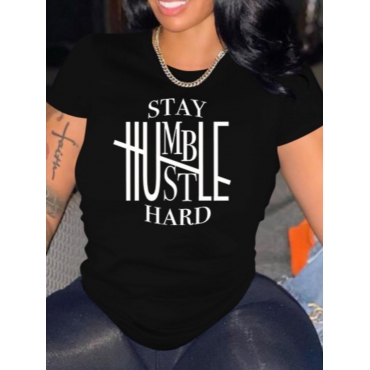

Lovely Casual Round Neck Letter Print Black T-shirt