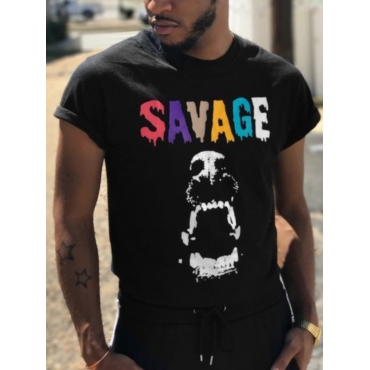 

LW Men Casual Skull Head Letter Print Black T-shirt