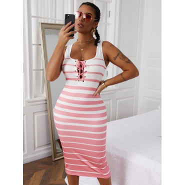 

LW Casual U Neck Striped Patchwork Mid Calf Dress, Stripe