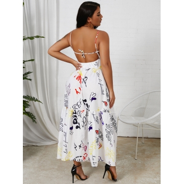 

Lovely Casual Letter Print Backless White Ankle Length Line Dress