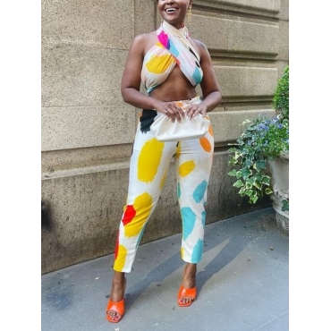 

LW SXY Print Backless Bandage Design White Two Piece Pants Set