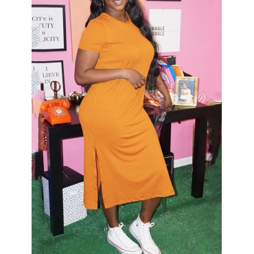 

Lovely Casual Round Neck Slit Yellow Mid Calf Dress