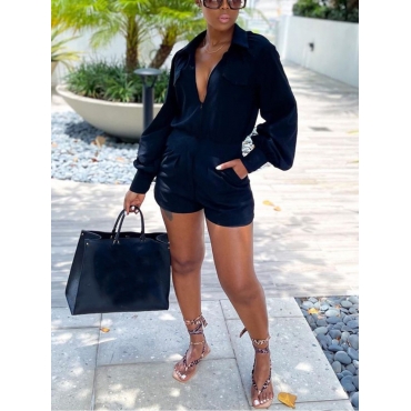 

Lovely Street Turndown Collar Pocket Design Black One-piece Romper