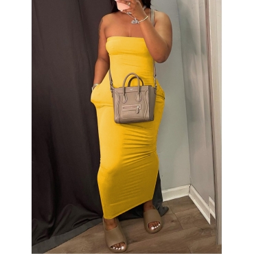 

Lovely Casual Off The Shoulder Pocket Design Yellow Ankle Length Dress