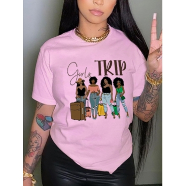 

LW BASICS Casual Figure Letter Print Pink T-shirt