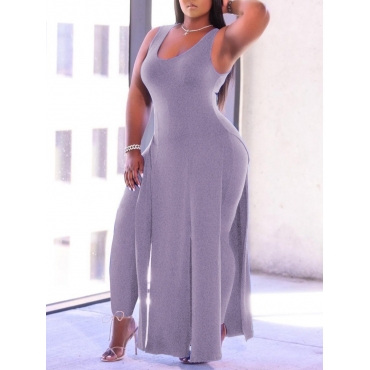 

LW BASICS Plus Size Street U Neck Slit Purple Two-piece Pants Set