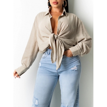 

Lovely Turndown Collar Button Design Blouse, Apricot