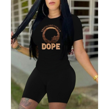 

Lovely Plus Size Casual Figure Letter Print Black Two-piece Shorts Set