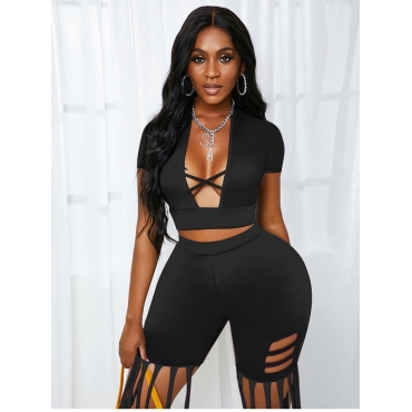 

LW Hollow-out Tassel Design Two Piece Shorts Set, Black