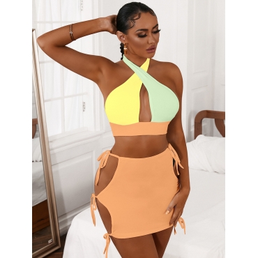 

LW SXY Patchwork Drawstring Orange Two Piece Skirt Set