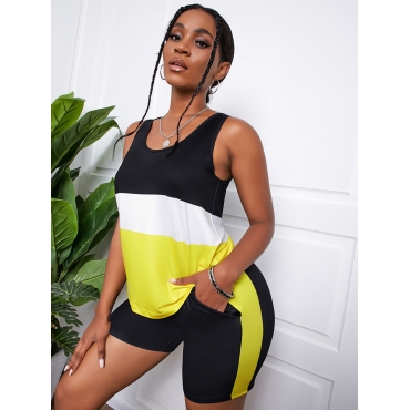 

Lovely Casual U Neck Patchwork Two Piece Shorts Set, Black