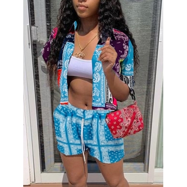 

Lovely Street Cashew Print Drawstring Skyblue Two Piece Shorts Set