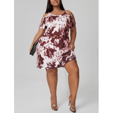 

Lovely Plus Size Cold Shoulder Tie-dye Dress, Wine red