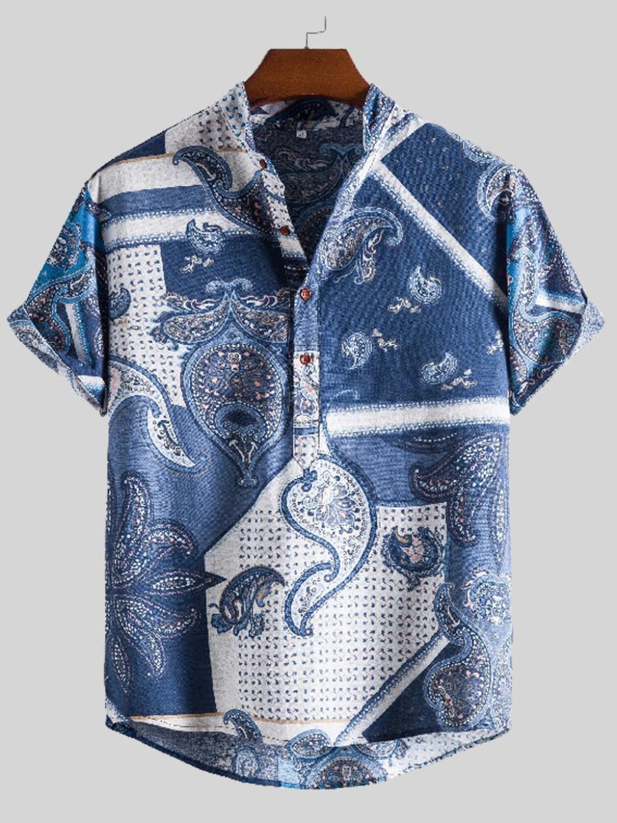 

LW Men Cashew Print Patchwork Shirt, Blue