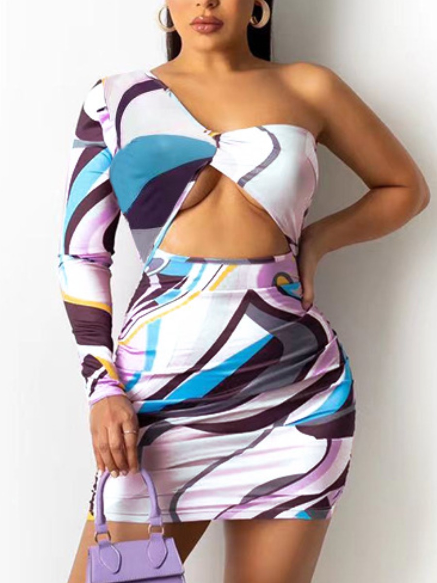 

LW One Shoulder Print Hollow-out Dress, White