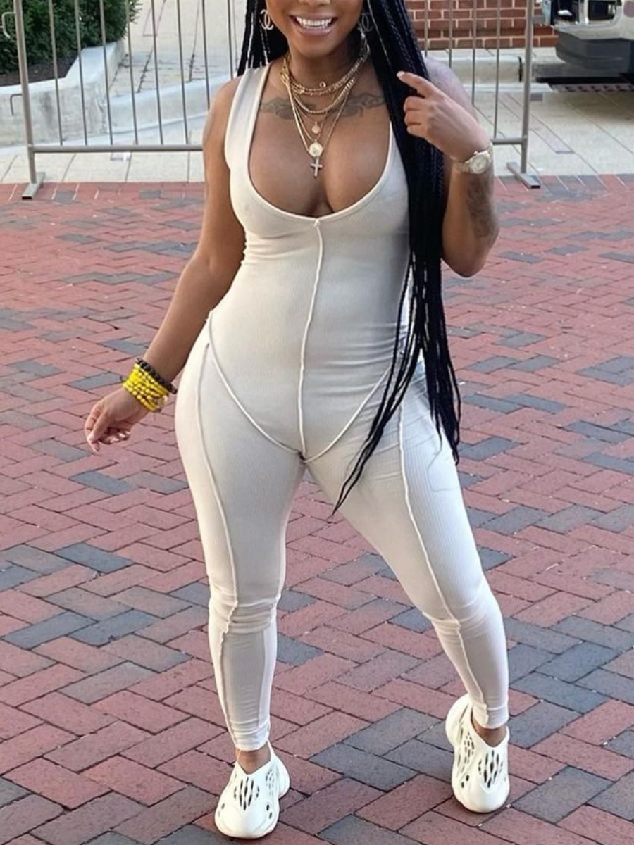 

LW SXY U Neck Rib-Knit One-piece Jumpsuit, White