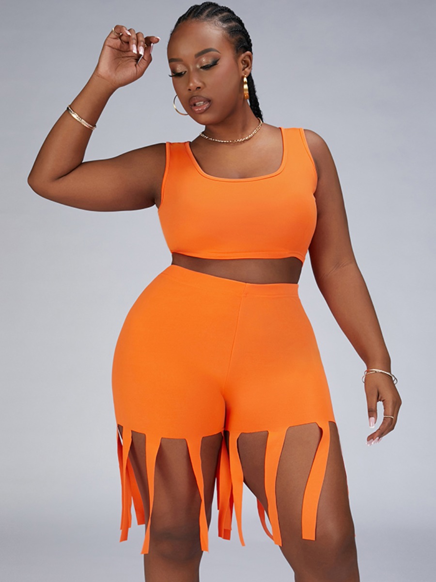 

Lovely Plus Size U Neck Tassel Design Two-piece Shorts Set, Croci